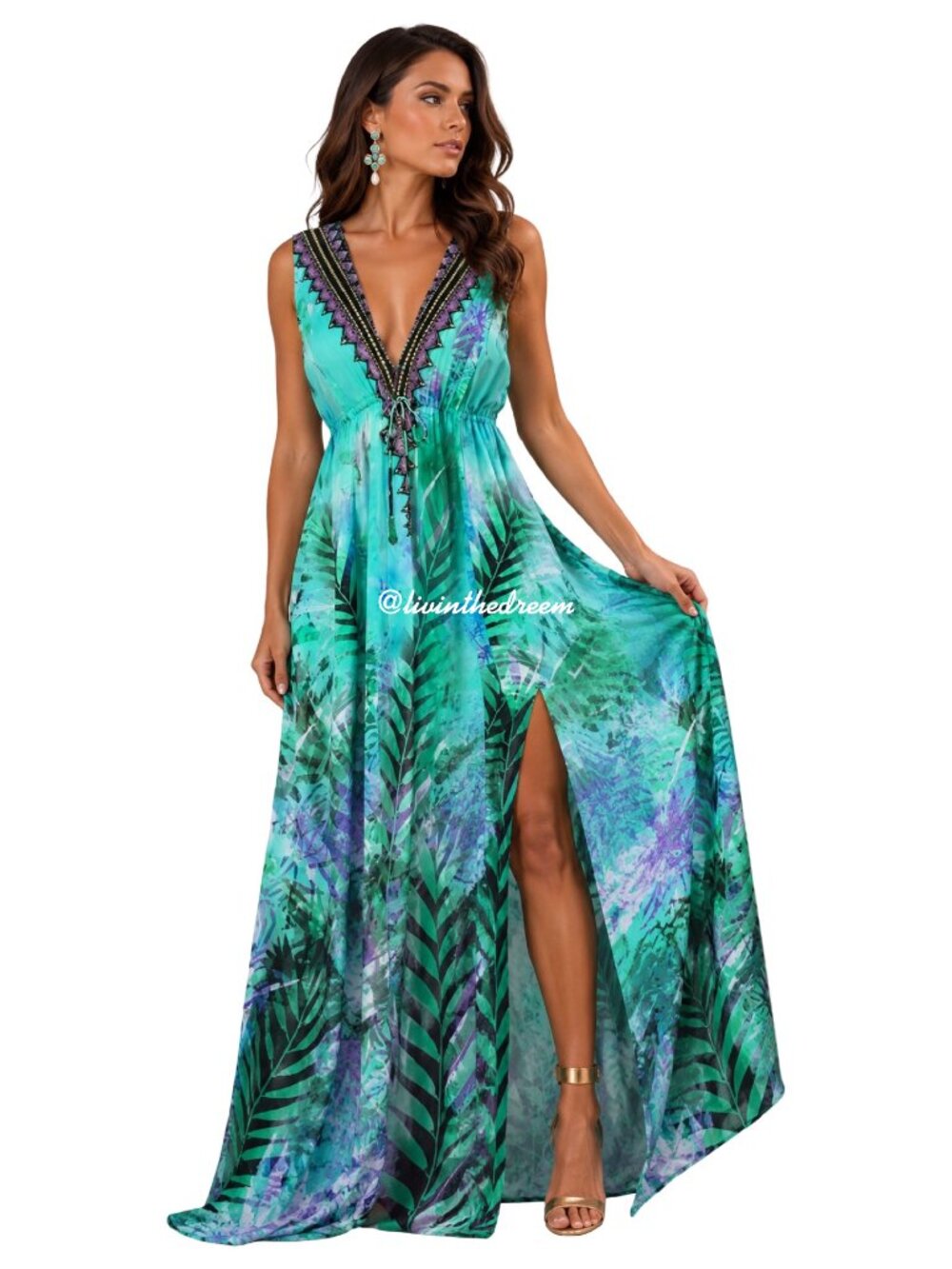 SHAHIDA PARIDES QUEEN PALM PRINT AQUA GREEN MAXI DRESS SZ M/L $419